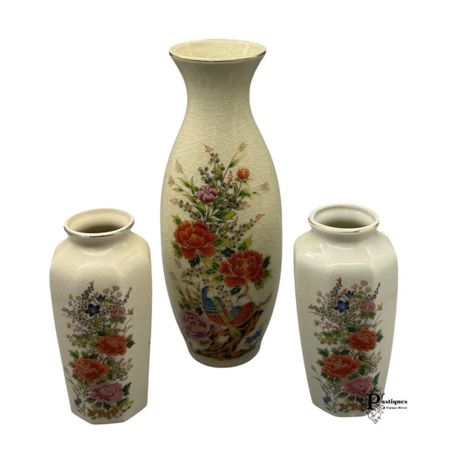 Vintage Japanese Satsuma Style Porcelain Floral Decorative Vases - Set of 3 For Sale - Image 9 of 9