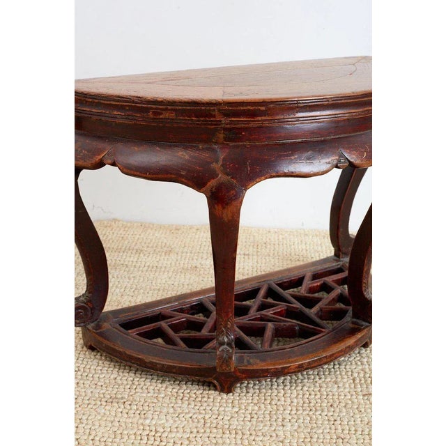 Wood Chinese Hardwood Carved Demilune Tables - a Pair For Sale - Image 7 of 13