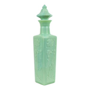 Mid 20th Century Jadeite Green Slag Glass Decanter With Pagoda Stopper and Embossed Floral Design