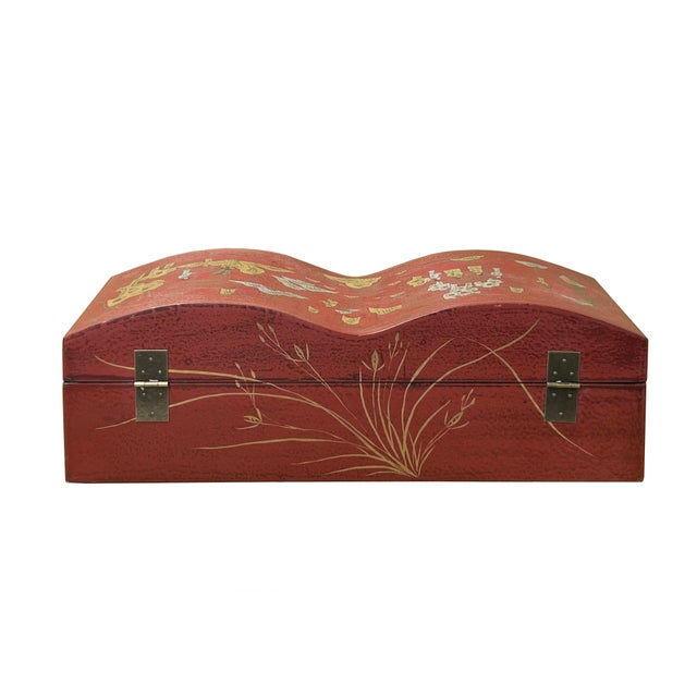 Chinoiserie Red Lacquer Chinoiserie-Style Gold Silver Scenery Graphic Rectangular Box For Sale - Image 3 of 13