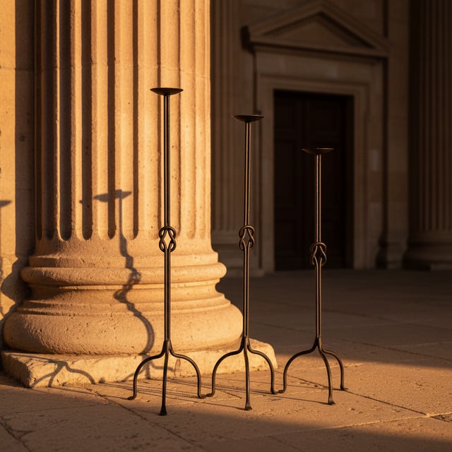 Hand Forged Iron Candelabra Set of 3 (82-102cm) Antique Copper Double Stem with Hercules Knot and Arched Base For Sale - Image 4 of 11