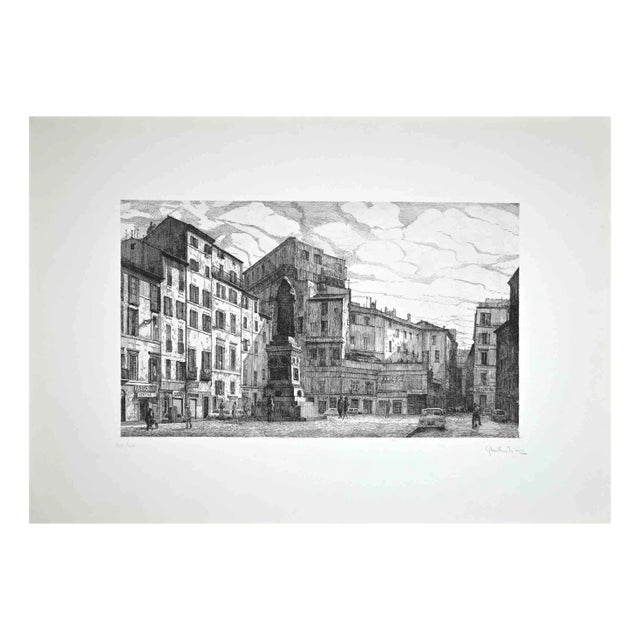Giuseppe Malandrino, View of Piazza Campo Dé Fiori, Original Etching, 1970 For Sale
