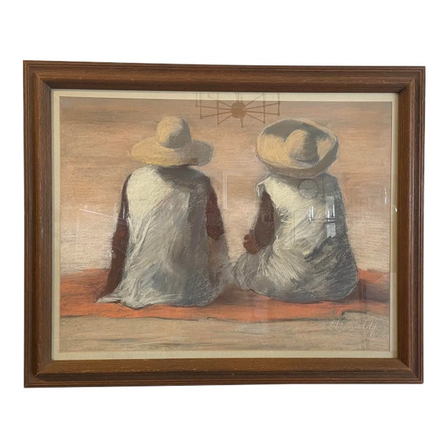Vintage Southwest Figures Original Pastel Fine Art Framed Drawing For Sale