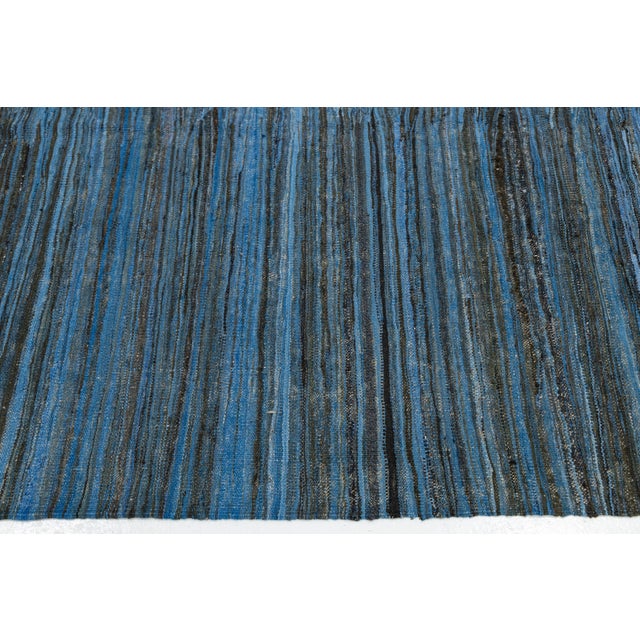 Modern Handmade Flat-Weave Kilim Wool Rug in Indigo & Charcoal Abrash 9x12 For Sale In New York - Image 6 of 12