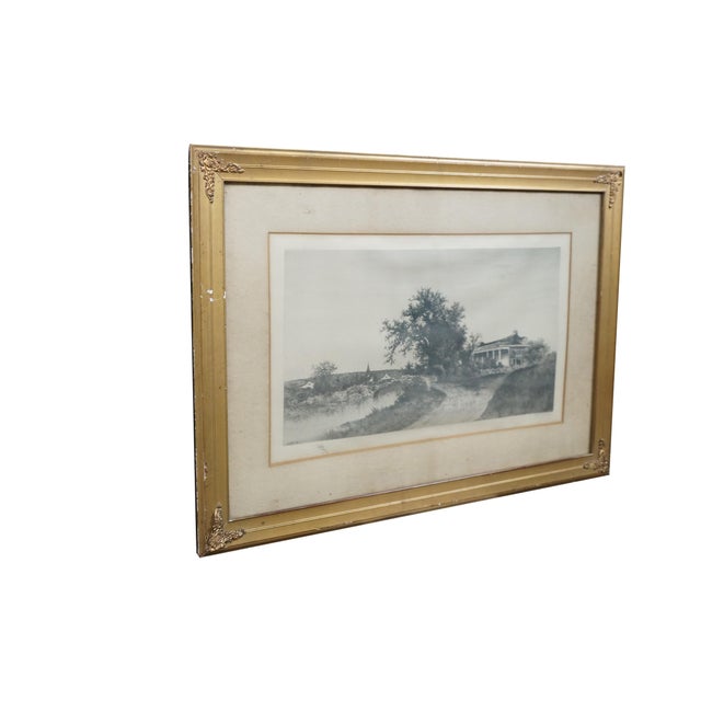 Antique Ernest C Rost etching featuring the Home of Henry W Longfellow. It features a panoramic view of the homestead with...