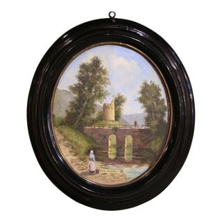 19th Century French Oval Landscape Oil Painting With Bridge and Ruins For Sale