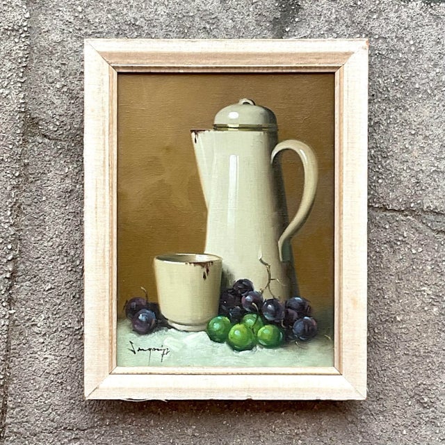 Capture the essence of Bohemian charm with our Vintage Boho Coffee Pot Still Life Original Oil on Canvas. This American-...