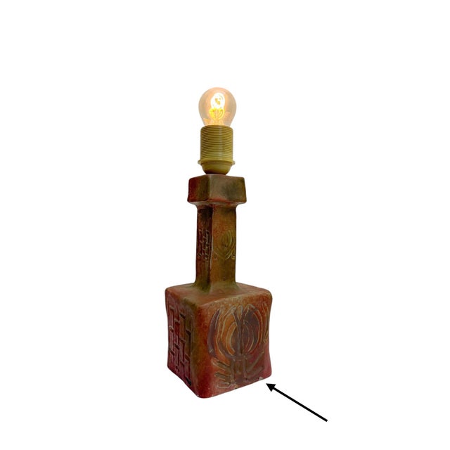 Brutalist Ceramic Table Lamp with Carved Geometric Patterns, Belgium, 1970s For Sale - Image 11 of 12