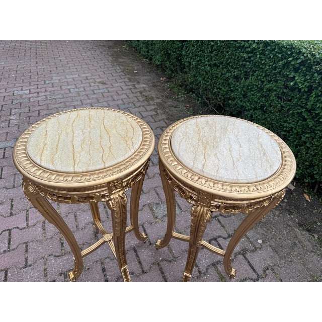 1970s French Louis XVI Gold Beech Marble Side Tables- Pair For Sale - Image 11 of 14