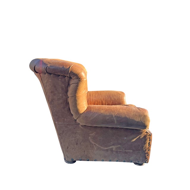 Restoration Hardware Leather Tufted Chair Seating Chesterfield Style With Brass Nail Heads For Sale - Image 11 of 12