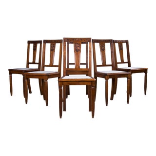 1930s French Art Deco Walnut Dining Chairs W/ Off-White Chenille - Set of 6 For Sale