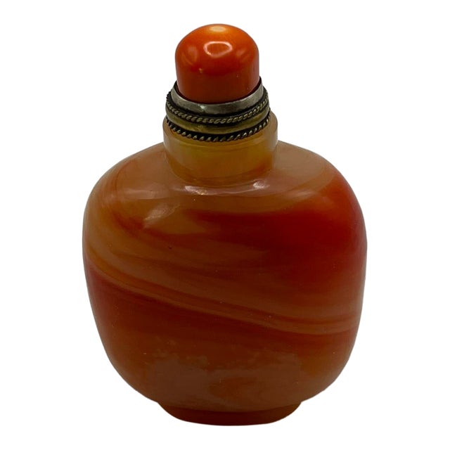 Early 20th Century Orange Glass Snuff Bottle Imitating Banded Agate Made for the Mongolian Market For Sale