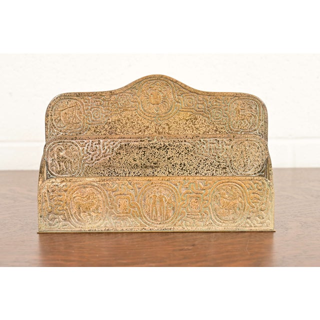 Art Deco Tiffany Studios New York Zodiac Pattern Bronze Doré Letter Rack For Sale - Image 3 of 12
