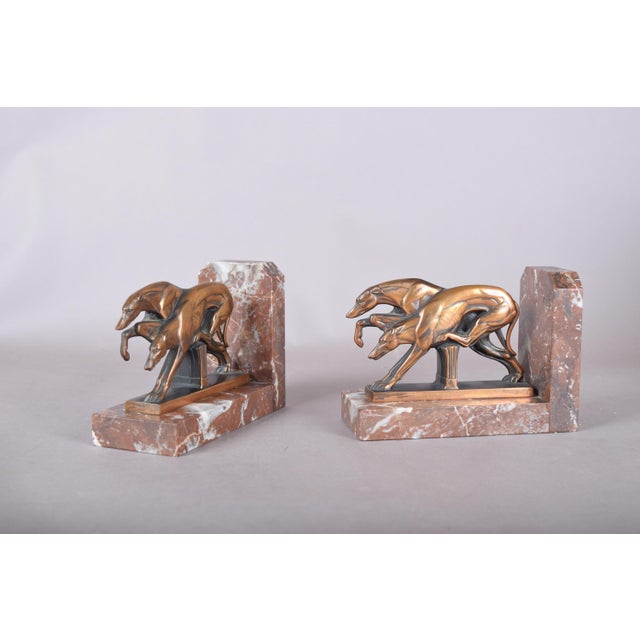 Art Deco Greyhound Bookends in Bronze-Finished Metal on Red Marble, 1930s, Set of 2 For Sale - Image 6 of 8
