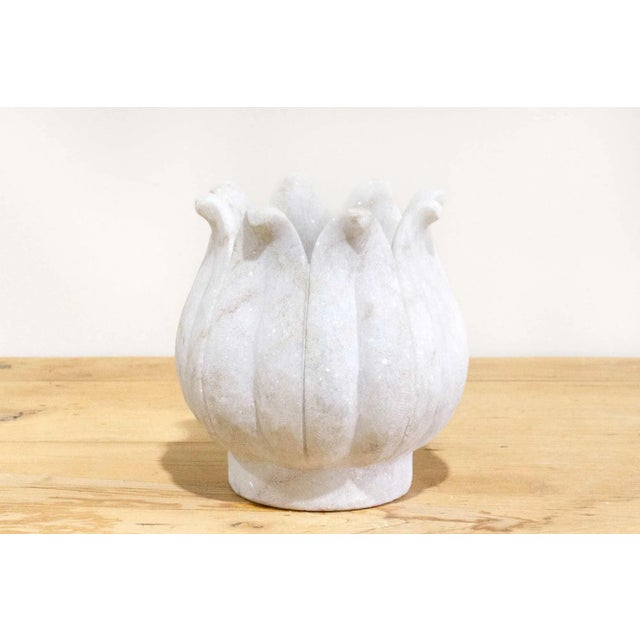 Traditional Carved White Marble Lotus Vase-Bagh For Sale - Image 3 of 6