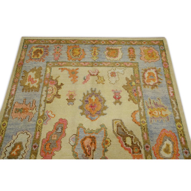Early 21st Century Blue & Pink Floral Design Handwoven Wool Turkish Oushak Rug 4'1" X 6'3" For Sale - Image 4 of 6
