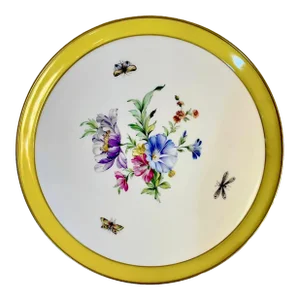 1940s Kpm Berlin Round Yellow Banded Floral/Insect Cake Plate
