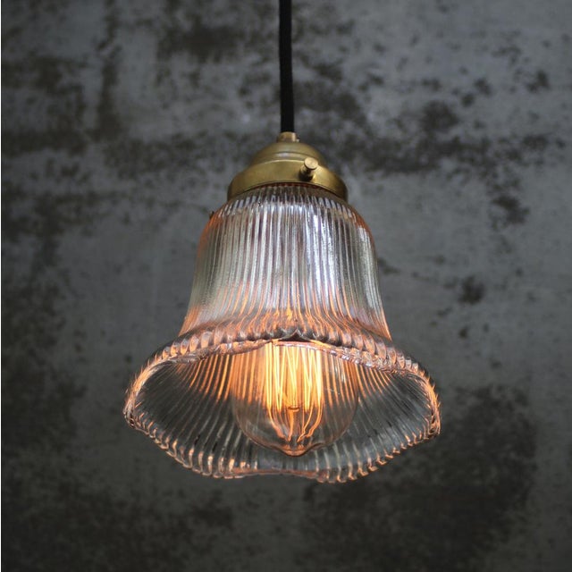 Vintage French Glass and Brass Pendant Light from Holophane For Sale - Image 3 of 7