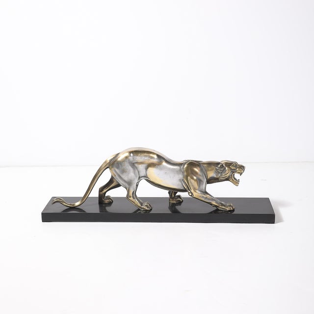 Art Deco Silvered Bronze Lion Sculpture on Black Marble Base For Sale - Image 12 of 17