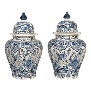 Pair of 19th Century Hand Painted Dutch Blue & White Delft Covered Vases ~ Urns For Sale