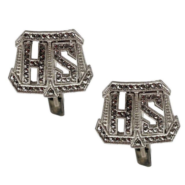 Modern Sterling Silver & Marcasite Cufflinks W/ "Hs" Mono by Kimmler & Daniel For Sale - Image 4 of 10