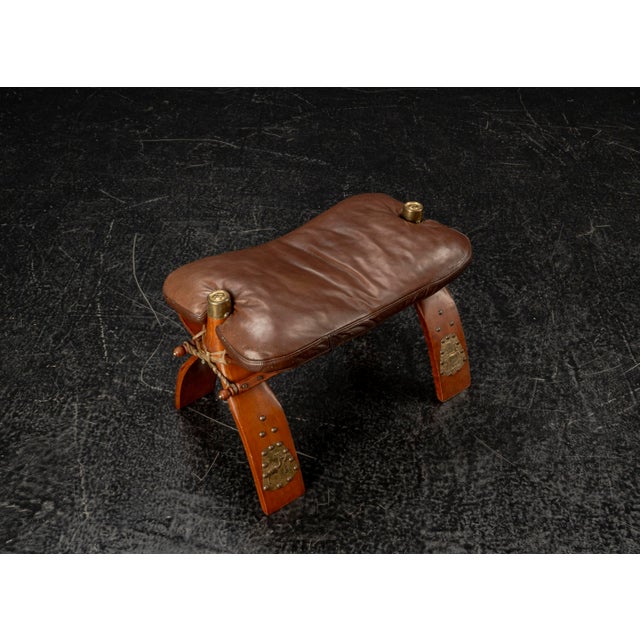 Moroccan Camel Saddle Stool in Stained Wood with Brass and Leather, 1980s For Sale - Image 11 of 18