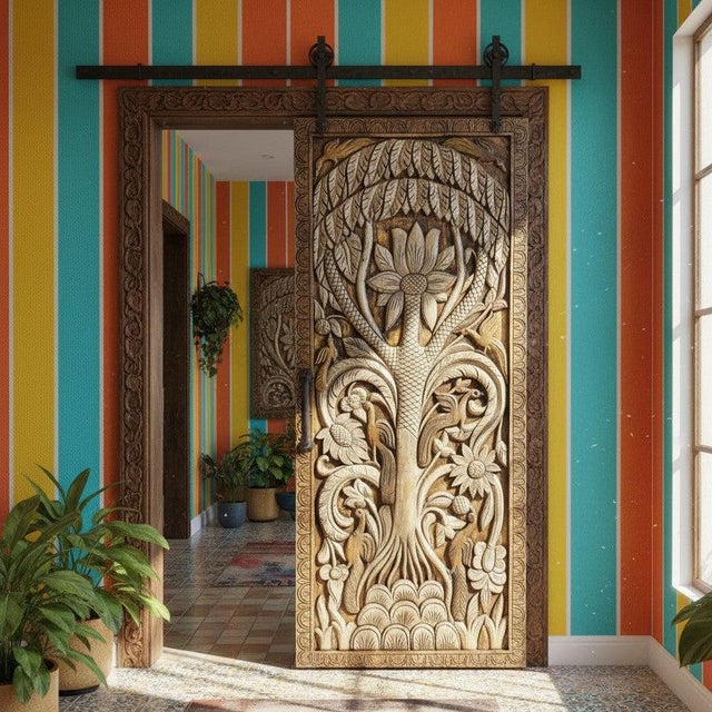 Wood Vintage Carved Tree of Life Barn Door – Handcrafted Decorative Wall Art Panel 83x36 For Sale - Image 7 of 7