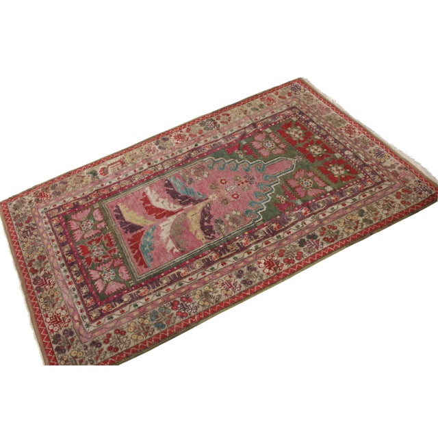Hand-Knotted Antique Anatolian Rug in Pink and Green All Over Geometric Pattern For Sale - Image 4 of 6