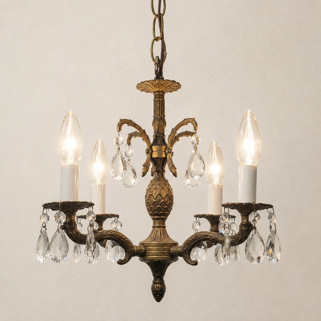 1960s Brass Pineapple Crystal Four-Light Chandelier For Sale - Image 6 of 17