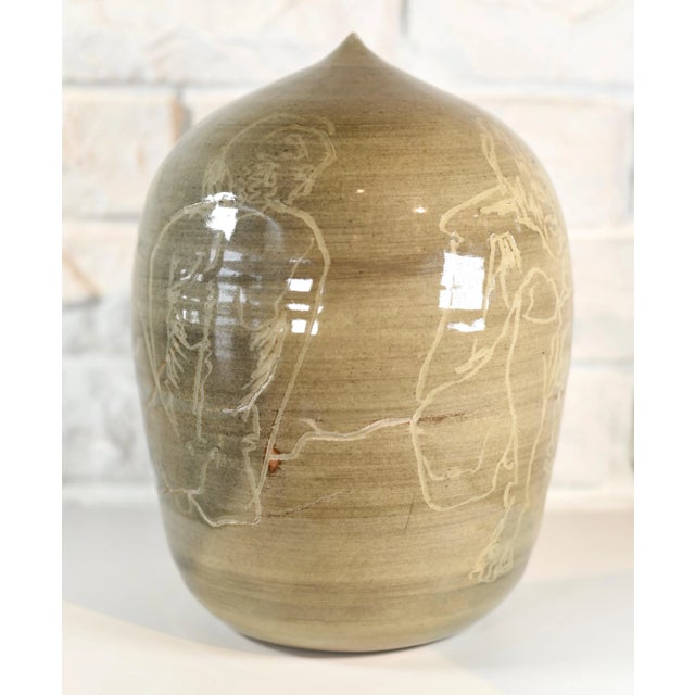 Ceramic Mid Century Studio Pottery Signed Closed Form Caveman Vase For Sale - Image 7 of 13