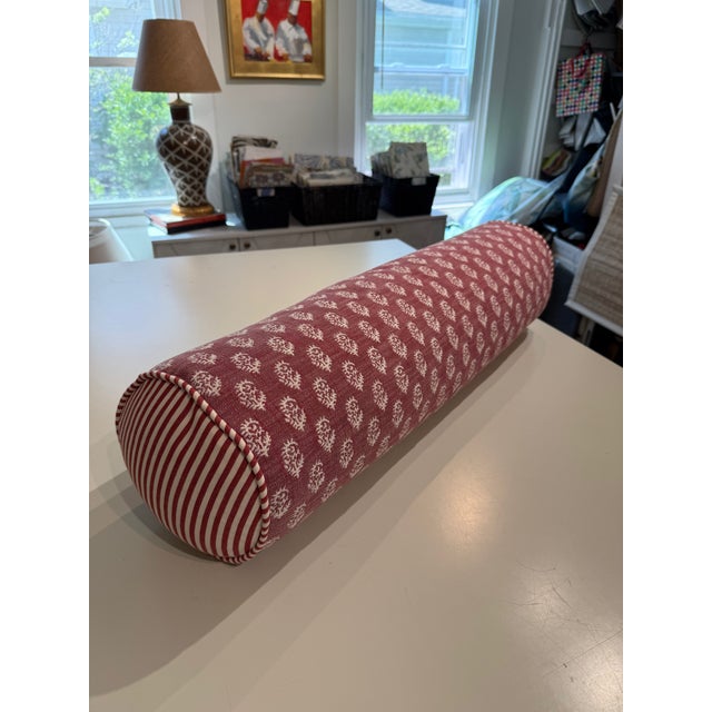 Pink New Custom Performance Peter Dunham Round Bolster Pillow With Ticking Stripe Detail on Ends For Sale - Image 8 of 9