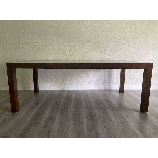 Absolutely stunning 1970s Milo Baughman Burl Wood Expanding Dining Table with 2 Removal Leaves. Gorgeous dark burl (rare...