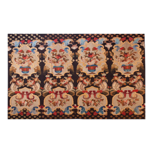 Wonderful Ivory Background With Black Border in Folk Art Style Antique European Needlepoint Rug