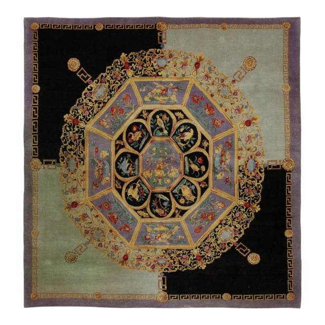 Rug & Kilim’s Pictorial Medallion Square Rug in Purple, Gold, & Black Tones For Sale