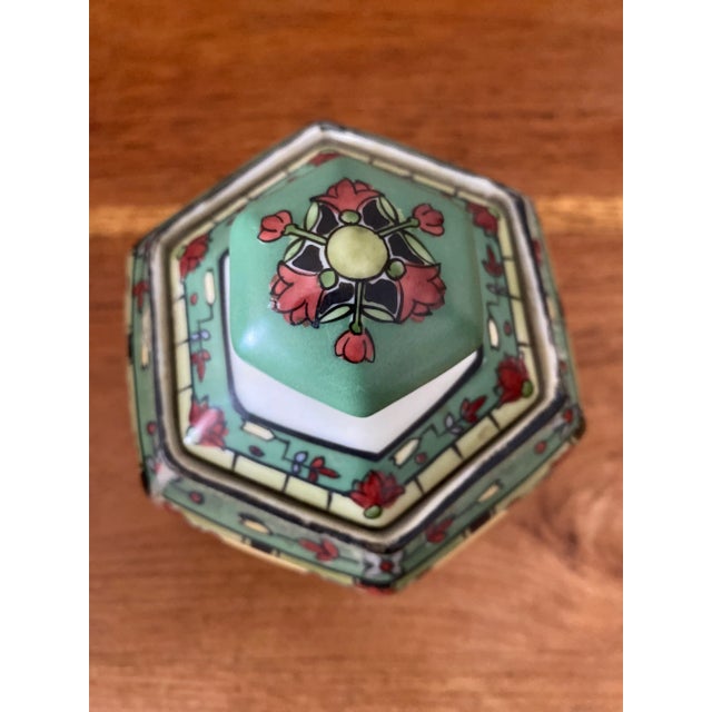 Antique Early 1900s Nippon Moriage Hexagonal Hand Painted Jar Signed & Mark For Sale - Image 9 of 12