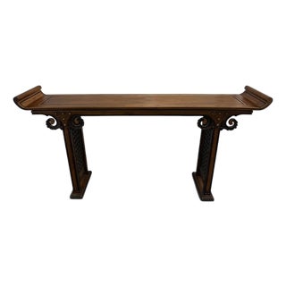 Vintage Chinese Ming Style Hardwood Altar Console Table With Brass Studs & Fretwork For Sale