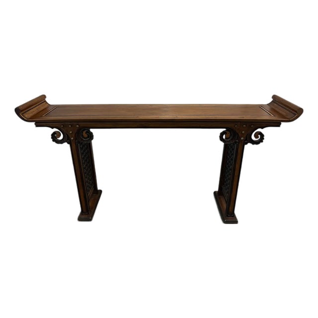 Vintage Chinese Ming Style Hardwood Altar Console Table With Brass Studs & Fretwork For Sale