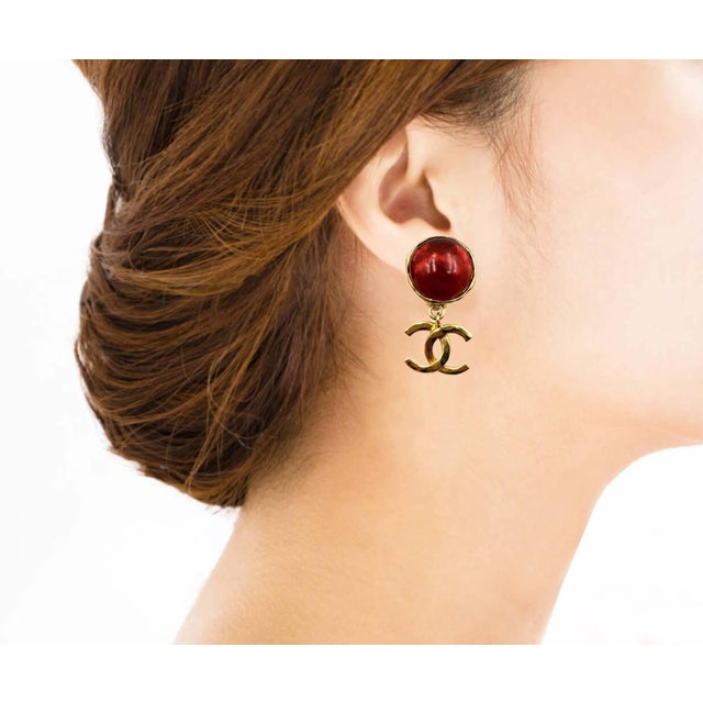 Chanel Vintage Gold Plated Red Stone CC Dangle Clip on Earrings * Marked 94 * Made in France -It is approximately 1.75" x...