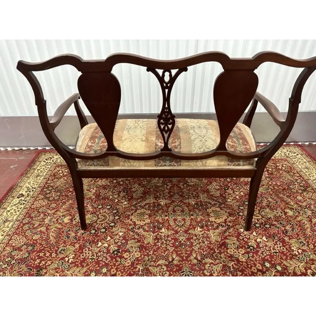 1910s Antique French Turn of the Century Upholstered Bench With Wood Inlay For Sale - Image 4 of 6