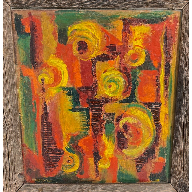 A modernist oil on canvas titled "Autumn Abstract" by Lawrence Easton, in a rustic chestnut frame, circa 1960s.