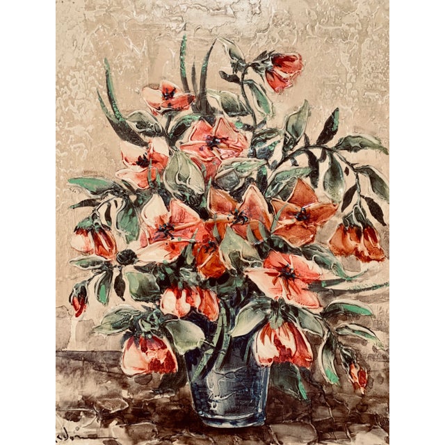 Original, mid-century modern, signed oil painting in a gilded, custom wood frame. A blue vase with bright orange red...