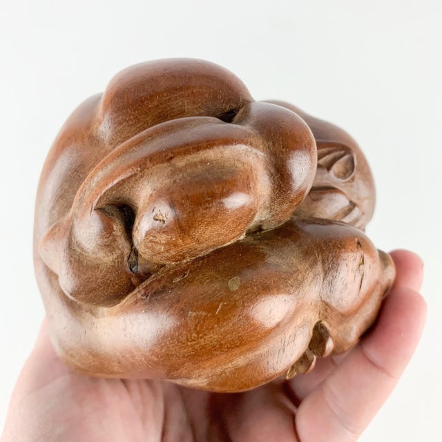 Asian Vintage Hand Carved Yogi Man Weeping Buddha Solid Wooden Sculpture Home Altar For Sale - Image 3 of 11