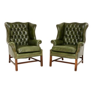 Antique Georgian Leather Wing Back Armchairs, 1960s, Set of 2 For Sale
