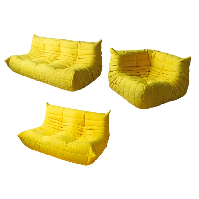 Yellow Microfiber Togo Corner Chair, 2- and 3-Seat Sofa by Michel Ducaroy for Ligne Roset, Set of 3 For Sale