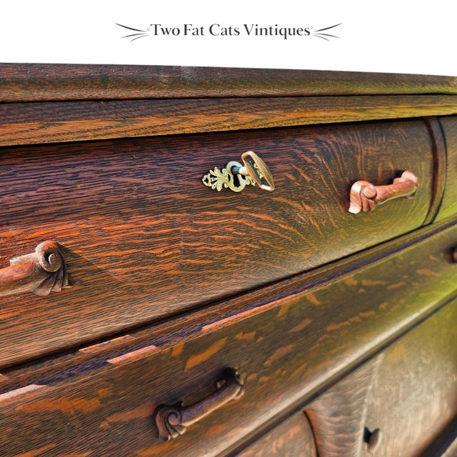 Antique Buffet | American Empire Server | Tiger Oak Sideboard With Carved Lion Paw Feet | Ogee Scroll Drawer | C1890-1915 | 54" Wide For Sale - Image 9 of 18