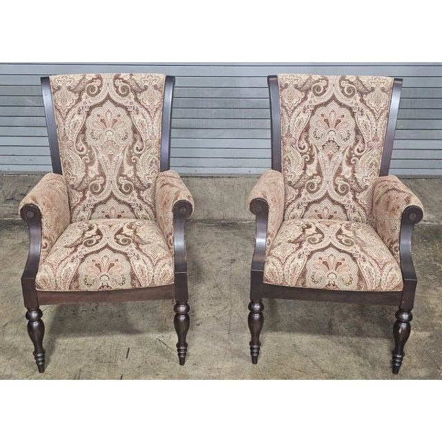 Late 20th Century Pair of Paisley Upholstered Coffee Color Stain Armchair Made by Country Hill, Millersburg Ohio For Sale - Image 4 of 12