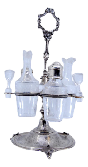 Silver Cruet Set with Acid-Etched Glass Cruets and Mustard, Salt and Pepper Shakers, Set of 6