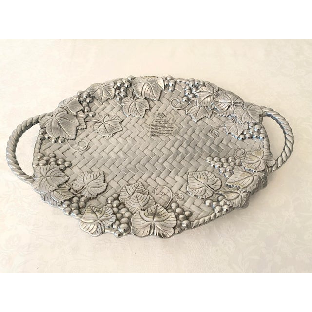 Late 20th Century Large Lenox Handled Oval Serving Tray Platter Grape Weave Pewter/Silver Color Metal-Wear Vintae New in Box For Sale - Image 5 of 11