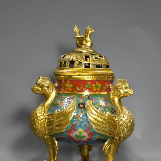 Late 20th Century Pure Copper Cloisonne Filigree Flying Beast Incense Burner Censer - Gilt Gold Body With Colored Enamel For Sale - Image 5 of 9
