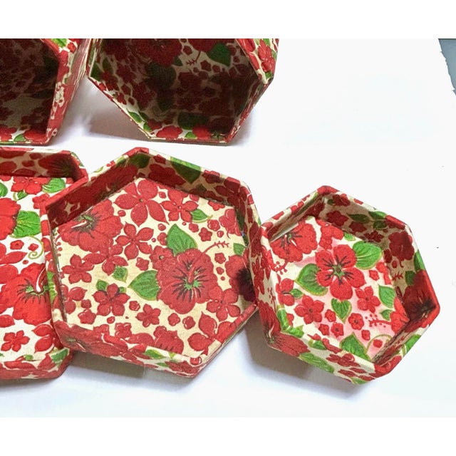 Textile Antique Floral Nesting Boxes – Textile Covered Folk Art Storage Boxes, Early 20th Century (Set of 4) For Sale - Image 7 of 9
